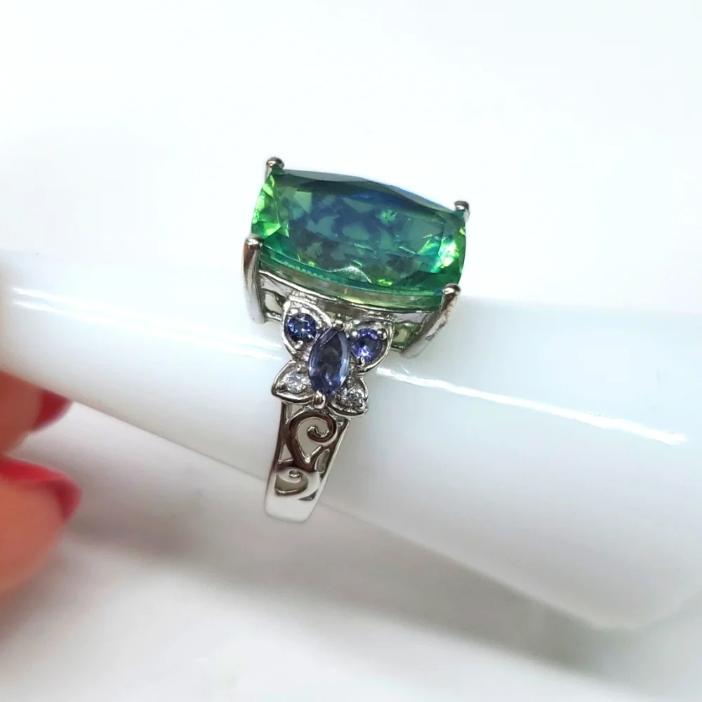 Peacock Triplet Quartz Butterfly Tanzanite Ring Platinum Sterling Silver